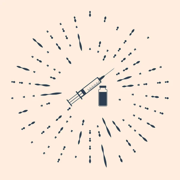 ベージュの背景に隔離された針とバイアルまたはアンプルアイコンを持つ黒の医療用注射器 ワクチン注射ワクチンインシュリンの概念 抽象円のランダムなドット ベクターイラスト — ストックベクタ