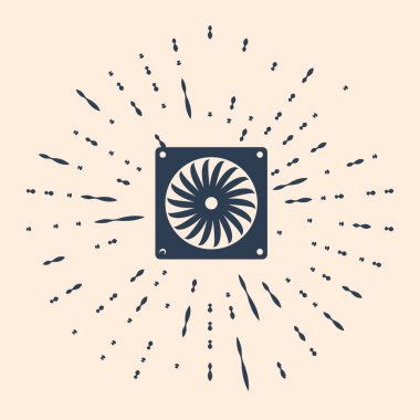 Siyah Bilgisayar soğutucu simgesi bej arkaplanda izole edildi. Bilgisayar donanım pervanesi. Soyut çember rastgele noktalar. Vektör İllüstrasyonu.