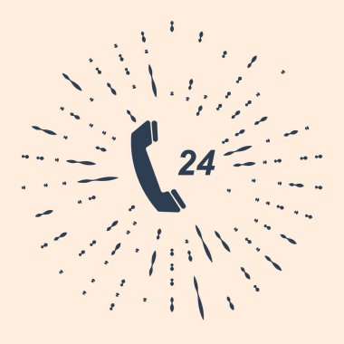 Siyah Telefon 24 saat destek ikonu bej arka planda izole edildi. Tüm gün müşteri destek merkezi. Soyut çember rastgele noktalar. Vektör İllüstrasyonu.