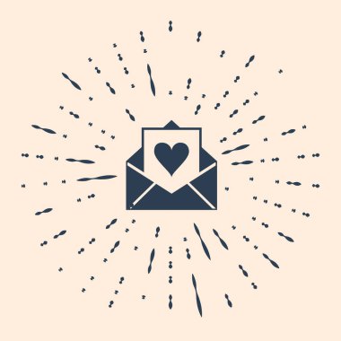 Sevgililer Günü kalp ikonu olan siyah zarf bej arka planda izole edilmiş. Aşk ve romantizm mektubu. Soyut çember rastgele noktalar. Vektör İllüstrasyonu.