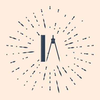 Siyah cetvel ve bej arkaplanda izole edilmiş pusula simgesi çizimi. Profesyonel enstrüman çiziyorum. Geometrik ekipman. Eğitim işareti. Soyut çember rastgele noktalar. Vektör İllüstrasyonu.