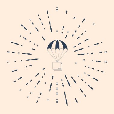 Bej arka planda paraşüt ikonu üzerinde uçan kara kutu. Nakliye için paraşütlü paket. Teslimat hizmeti, hava taşımacılığı konsepti, bonus konsept. Soyut çember rastgele noktalar. Vektör İllüstrasyonu.