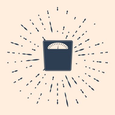 Siyah banyo terazisi simgesi bej arka planda izole edilmiş. Ağırlık ölçme ekipmanı. Ağırlık ölçeği spor konsepti. Soyut çember rastgele noktalar. Vektör İllüstrasyonu