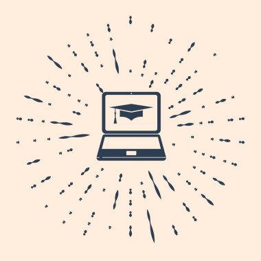 Siyah mezuniyet şapkası ve dizüstü bilgisayar simgesi. Çevrimiçi öğrenme veya e-öğrenme konsepti simgesi bej arka planda izole edildi. Soyut çember rastgele noktalar. Vektör İllüstrasyonu