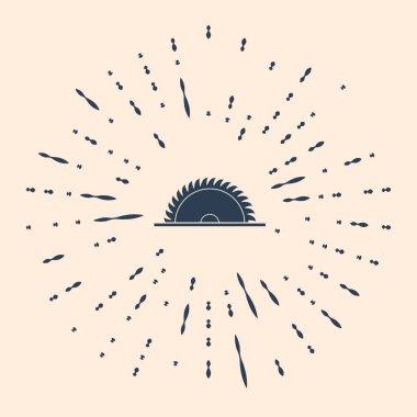 Siyah dairesel testere bıçak ikonu, bej arka planda izole edilmiş. Testere tekerleği. Soyut çember rastgele noktalar. Vektör İllüstrasyonu