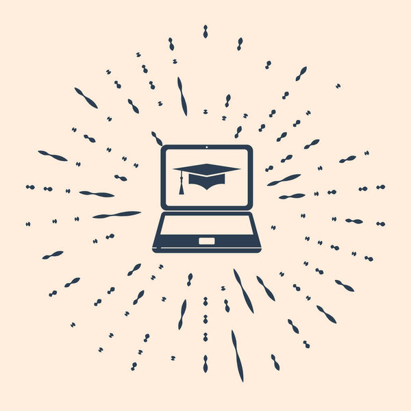 Black Graduation cap and laptop icon. Online learning or e-learning concept icon isolated on beige background. Abstract circle random dots. Vector Illustration