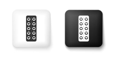 Siyah ve beyaz haplar, beyaz arka planda izole edilmiş su toplayıcı ikon içinde kalp şeklinde bayılırlar. Aşk, terapi, danışmanlık işareti. Kare düğmesi. Vektör