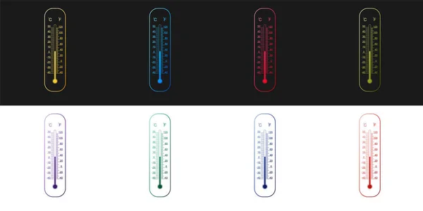 黒と白の背景に隔離されたアイコンを測定する摂氏と気温気象温度計を設定します。高温または低温を示す温度計機器。ベクトル — ストックベクタ