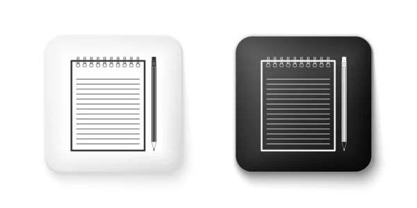 Svart och vit Blank anteckningsbok och penna med suddgummi ikon isolerad på vit bakgrund. Fyrkantig knapp. Vektor — Stock vektor