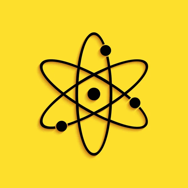 Піктограма чорного атома ізольована на жовтому тлі. Символ науки, освіти, ядерної фізики, наукових досліджень. Електрони та протони. Довгий стиль тіней. Векторні — стоковий вектор