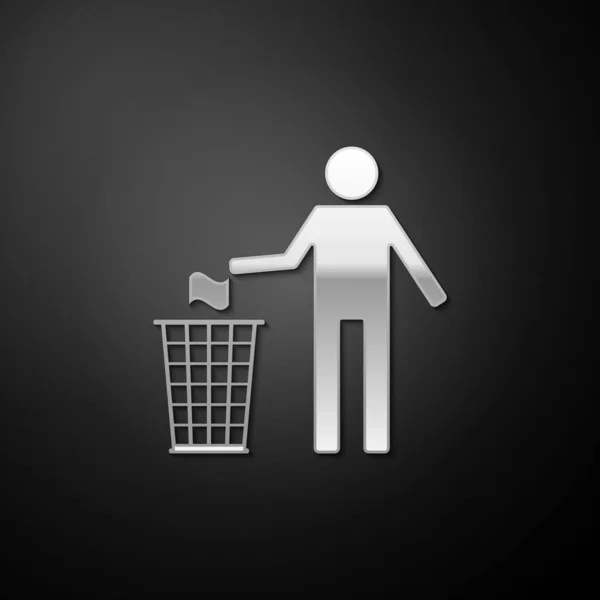 Silver Man throwing trash into dust bin icon isolated on black background. Recycle symbol. Long shadow style. Vector — Stock Vector