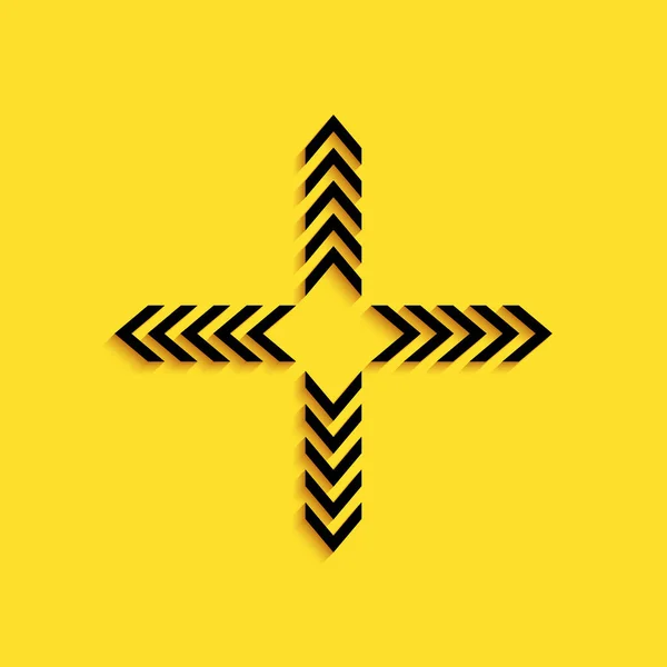 Svarta pilar i fyra riktningar ikon isolerad på gul bakgrund. Lång skuggstil. Vektor — Stock vektor
