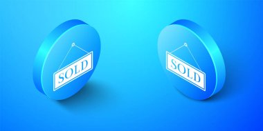 Isometric Sold simgesi mavi arkaplanda izole edildi. Çıkartma satıldı. Tabela satıldı. Mavi daire düğmesi. Vektör