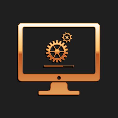 Dişli ilerlemesi ve siyah arkaplanda izole edilmiş çubuk simgesi yükleme ile altın bilgisayar izleme süreci. Ayarlama, ayar, bakım, onarım. Uzun gölge tarzı. Vektör