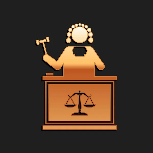 Gold Judge with gavel on table icon isolated on black background. Long shadow style. Vector — Stock Vector
