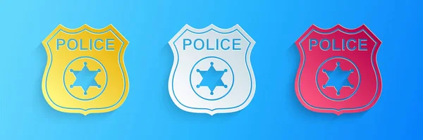 Papiergeschnittenes Polizeiabzeichen-Symbol isoliert auf blauem Hintergrund. Sheriff-Abzeichen. Papierkunst. Vektor — Stockvektor