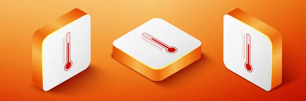Icône de thermomètre isométrique isolée sur fond orange. Bouton carré orange. Vecteur — Image vectorielle