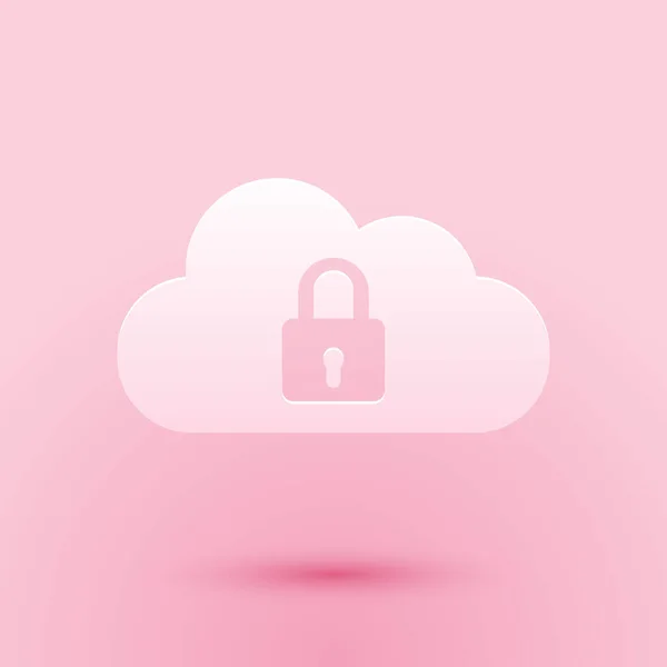 Paper cut Cloud computing lock icon isolated on pink background. Security, safety, protection concept. Paper art style. Vector — Stock Vector