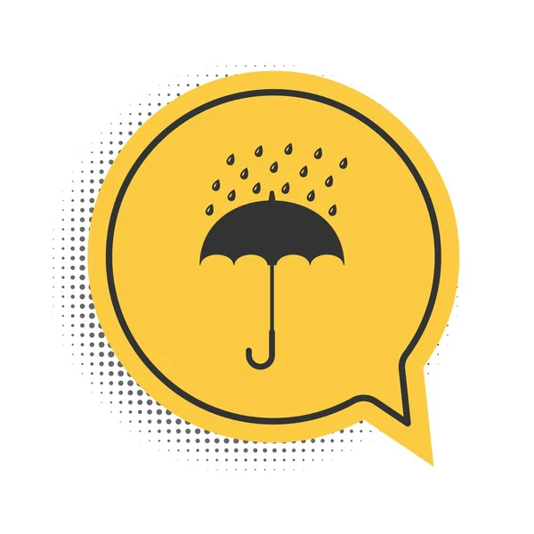 Black Umbrella and rain drops icon isolated on white background. Yellow speech bubble symbol. Vector — Stock Vector