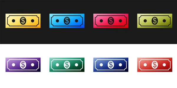 Conjunto de papel dinero dólares americanos icono de efectivo aislado sobre fondo blanco y negro. Signo de billete de dólar. Vector — Vector de stock