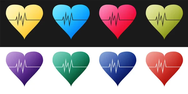 Set Icono de frecuencia cardíaca aislado sobre fondo blanco y negro. Signo de latido. Icono de pulso. Icono del cardiograma. Vector — Vector de stock