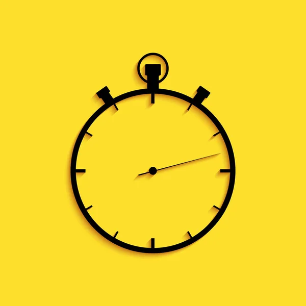 Zwarte Stopwatch pictogram geïsoleerd op gele achtergrond. Tijdklok teken. Lange schaduw stijl. Vector — Stockvector