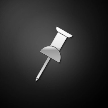 Siyah arkaplanda Silver Push simgesi var. Raptiye işareti. Uzun gölge tarzı. Vektör