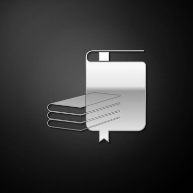 Gümüş Kitap simgesi siyah arkaplanda izole edildi. Uzun gölge tarzı. Vektör