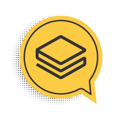 Beyaz arka planda siyah kripto para Stratis STRAT simgesi izole edildi. Madeni para. Dijital para birimi. Engelleme zinciri tabanlı şifreli para birimi. Sarı konuşma balonu sembolü. Vektör