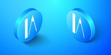 Isometric cetvel ve çizim simgesi mavi arkaplanda izole edildi. Profesyonel enstrüman çiziyorum. Geometrik ekipman. Eğitim işareti. Mavi daire düğmesi. Vektör