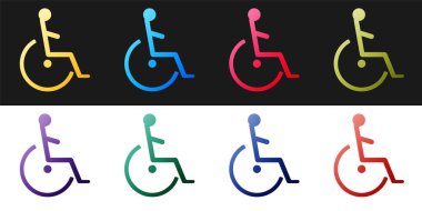 Siyah ve beyaz arkaplanda pasifleştirilmiş engelli simgesini ayarla. Tekerlekli sandalye engelli işareti. Vektör