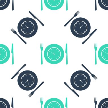 Saat, çatal ve bıçak ikonuna sahip yeşil plaka beyaz arka planda izole edilmiş. Öğle yemeği vakti. Yeme, beslenme düzeni, yemek zamanı ve diyet konsepti. Vektör