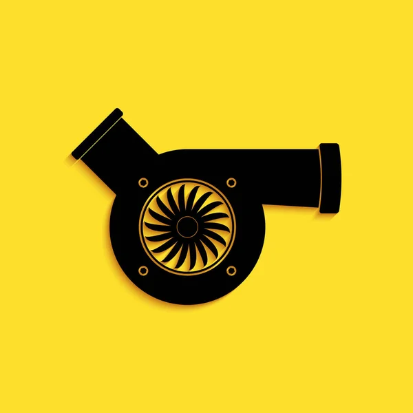 Icono del turbocompresor Black Automotive aislado sobre fondo amarillo. Rendimiento del vehículo turbo. Turbocompresor de coche. Símbolo de inducción del compresor Turbo. Estilo de sombra larga. Vector — Archivo Imágenes Vectoriales