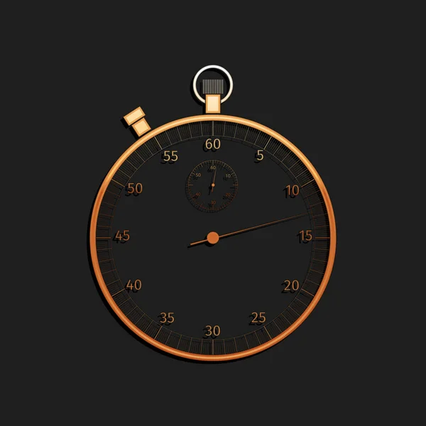 Złota Klasyczna ikona stopera izolowana na czarnym tle. Ikona zegara. Znak chronometryczny. Długi styl cienia. Wektor — Wektor stockowy