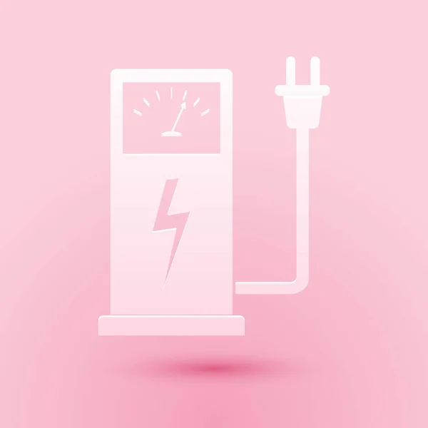 Corte de papel Icono de la estación de carga del coche eléctrico aislado sobre fondo rosa. Eco señal de bomba de combustible eléctrico. Estilo de arte de papel. Vector — Archivo Imágenes Vectoriales