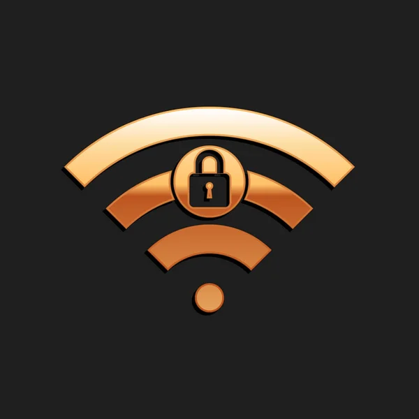Ouro Wifi bloqueado ícone de sinal isolado no fundo preto. Senha símbolo Wi-fi. Ícone de rede sem fio. Zona Wifi. Estilo de sombra longo. Vetor — Vetor de Stock
