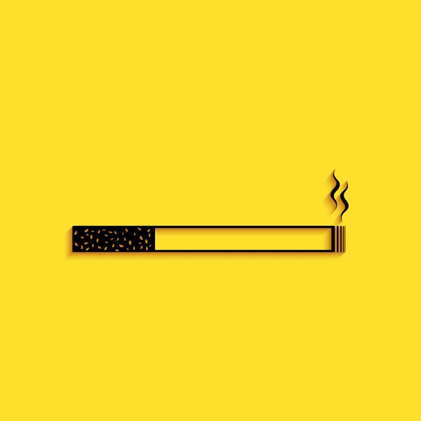 Sarı arkaplanda siyah sigara ikonu var. Tütün tabelası. Sigara içme sembolü. Uzun gölge tarzı. Vektör — Stok Vektör