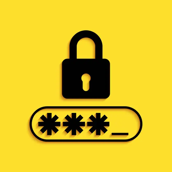 Icono de acceso de seguridad y protección con contraseña negra aislado sobre fondo amarillo. Icono de bloqueo. Seguridad, seguridad, protección, concepto de privacidad. Estilo de sombra larga. Vector — Vector de stock