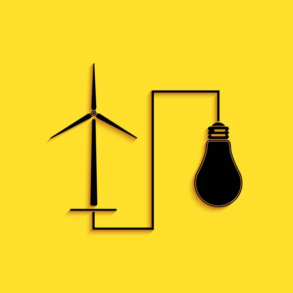 Turbina de molino de viento negro que genera energía eléctrica e icono de la bombilla aislado sobre fondo amarillo. Producción natural de energía renovable mediante molinos eólicos. Estilo de sombra larga. Vector — Vector de stock