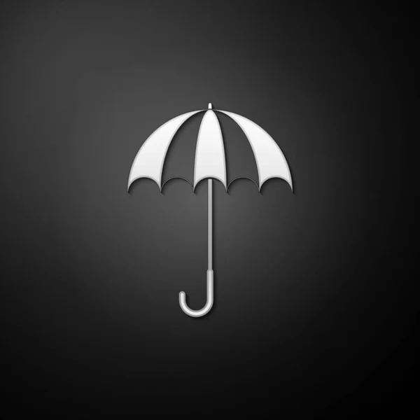 Silver Classic elegant opened umbrella icon isolated on black background. Rain protection symbol. Long shadow style. Vector — Stock Vector