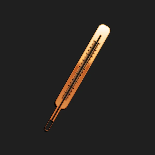 黒の背景に隔離された金の医療用温度計アイコン。長い影のスタイル。ベクトル — ストックベクタ