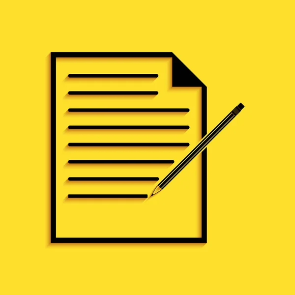 Cuaderno en blanco negro y lápiz con icono de borrador aislado sobre fondo amarillo. Papel y lápiz. Estilo de sombra larga. Vector — Vector de stock
