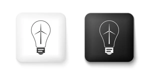 Schwarz-weiße Glühbirne mit Windkraftanlage als Idee einer umweltfreundlichen Energiequelle, isoliert auf weißem Hintergrund. Alternatives Energiekonzept. Quadratische Taste. Vektor — Stockvektor