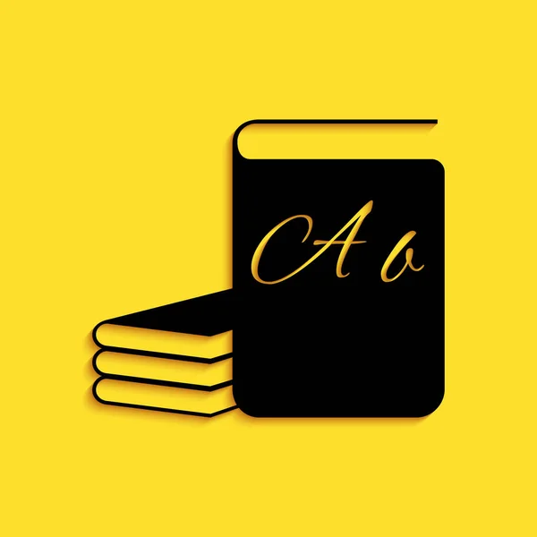 Ícone de livro ABC preto isolado no fundo amarelo. Sinal de livro de dicionário. Ícone do livro de alfabeto. Estilo de sombra longo. Vetor — Vetor de Stock