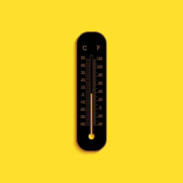 Fekete Celsius és fahrenheit meteorológiai hőmérők, sárga alapon izolált ikonnal. Hőmérő berendezés, amely meleg vagy hideg időjárást mutat. Hosszú árnyék stílus. Vektor — Stock Vector