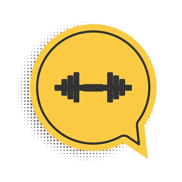 Ikona Black Dumbbell izolovaná na bílém pozadí. Svalové zvedání ikona, fitness činka, ikona tělocvična, symbol sportovního vybavení, cvičení činka. Žlutý symbol bubliny řeči. Vektor — Stockový vektor