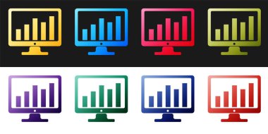 Bilgisayar ekranını, siyah ve beyaz arkaplanda izole edilmiş finansal tablolar ve grafik simgeleri ile ayarla. Çizelge çubukları ve finansal analizler. Vektör