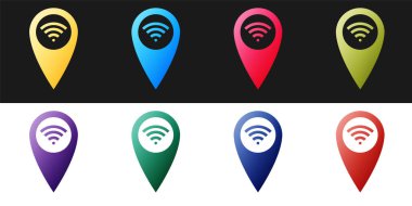 Siyah ve beyaz arkaplanda izole edilmiş kablosuz internet sinyal ikonu ile Pointer haritasını ayarla. Vektör