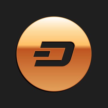 Siyah arka planda izole edilmiş altın kripto para Dash simgesi. Madeni para. Dijital para birimi. Engelleme zinciri tabanlı şifreli para birimi. Uzun gölge tarzı. Vektör