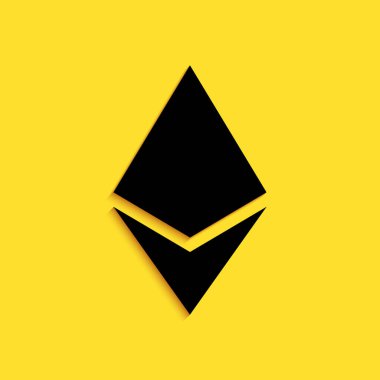 Siyah Kripto para birimi Ethereum ETH simgesi sarı arka planda izole edildi. Dijital para birimi. Altcoin sembolü. Engelleme zinciri tabanlı şifreli para birimi. Uzun gölge tarzı. Vektör